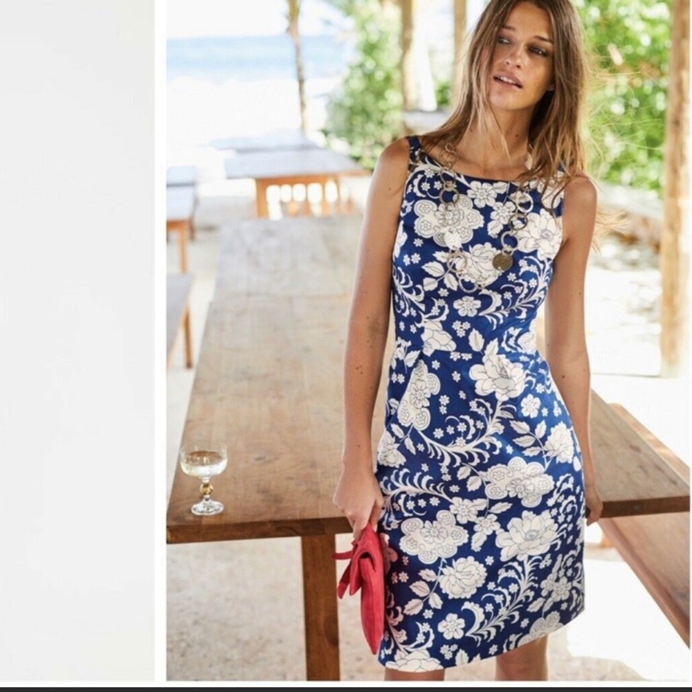 Boden Paula Print Size US 6R Sleeveless Dress Blue & White Floral Fully Lined